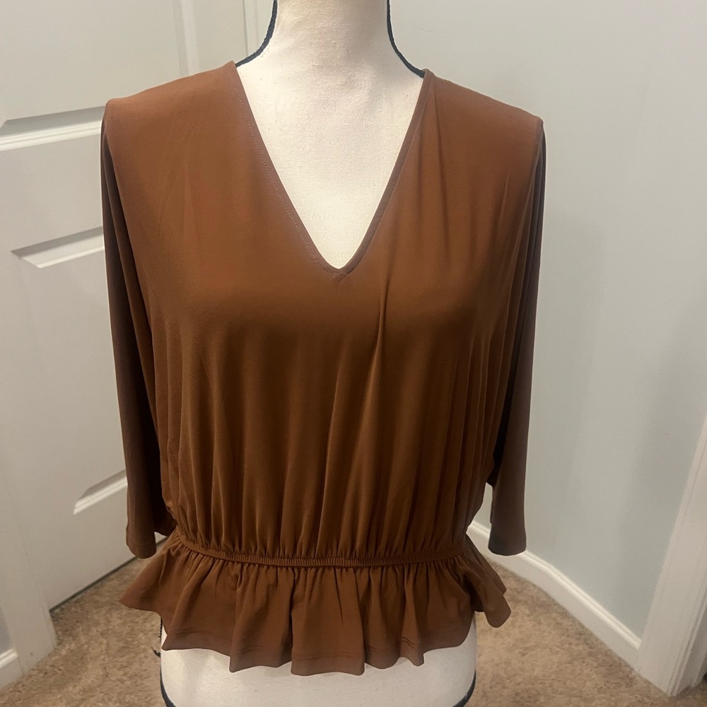 Express Brown Peplum V-Neck Blouse Size Small NWT